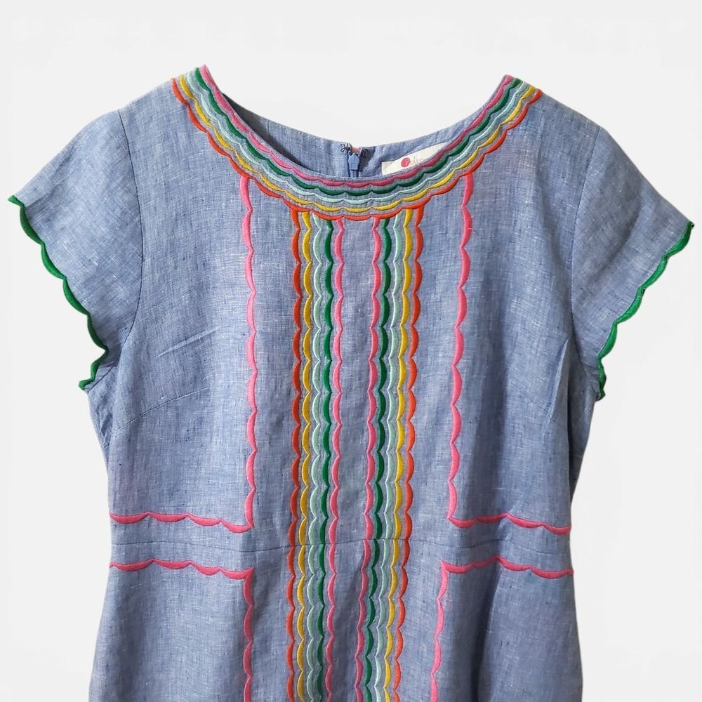 Boden Laura Linen Embroidered Shift Dress Chambray Blue Rainbow Multicolor 10R - Picture 2 of 13